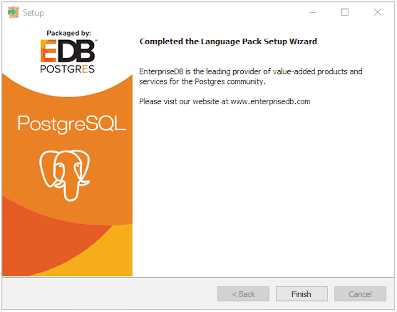 The Language Pack Setup Complete dialog